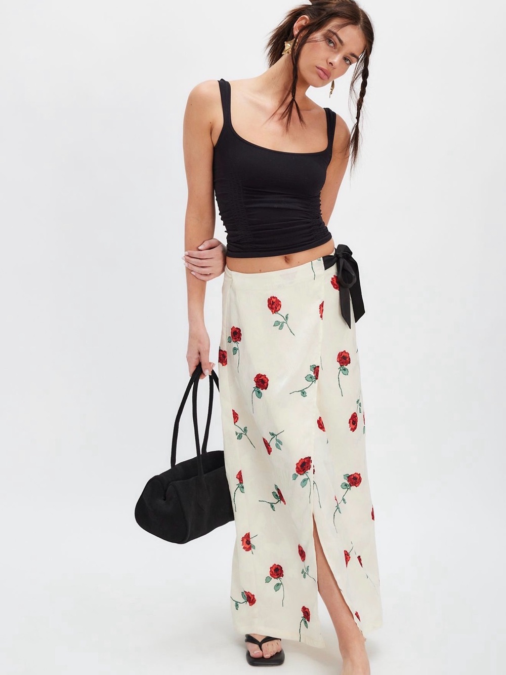 Ivory Midi Skirt with Red Rose Print and Side Tie